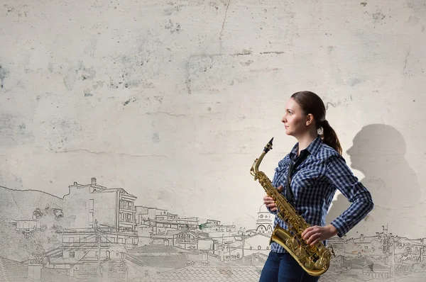 Saksofonista kobieta. Koncepcja obraz — Zdjęcie stockowe