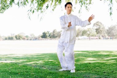 Yakışıklı adam Thai Chi yapıyor.