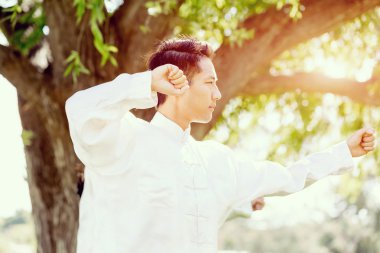 Yakışıklı adam Thai Chi yapıyor.