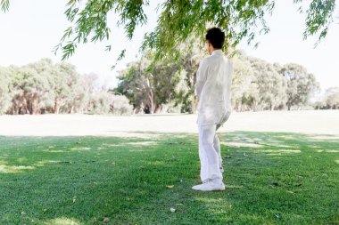 Yakışıklı adam Thai Chi yapıyor.