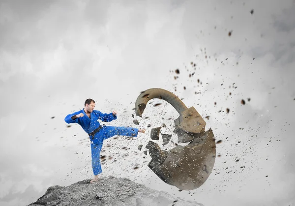 Karate man in blue kimino — Stock Photo, Image