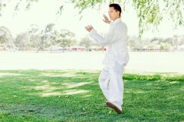 Yakışıklı adam Thai Chi yapıyor.