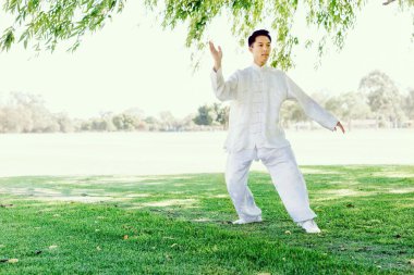 Yakışıklı adam Thai Chi yapıyor.