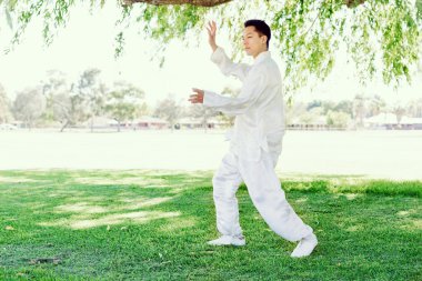Yakışıklı adam Thai Chi yapıyor.