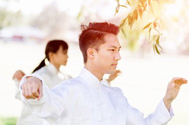 Yakışıklı adam Thai Chi yapıyor.