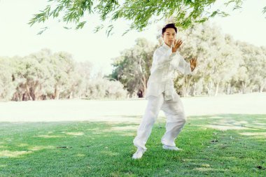 Yakışıklı adam Thai Chi yapıyor.