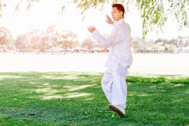 Yakışıklı adam Thai Chi yapıyor.