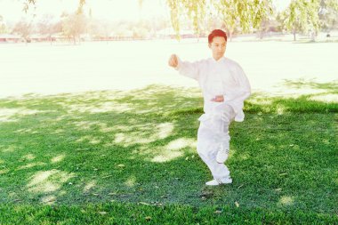 Yakışıklı adam Thai Chi yapıyor.