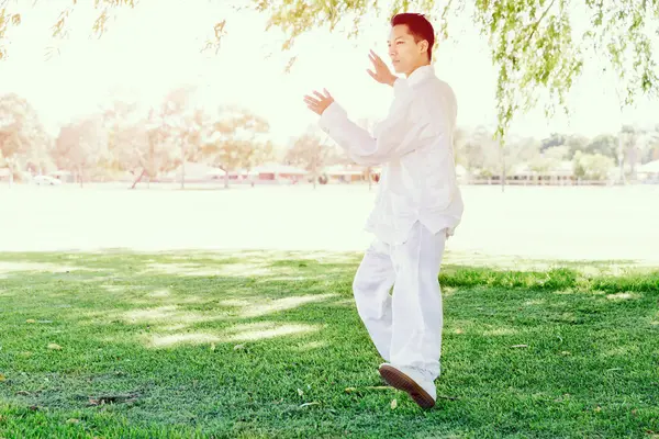 Yakışıklı adam Thai Chi yapıyor.