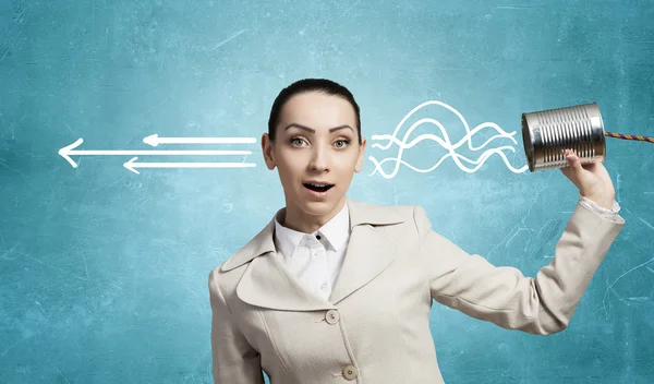 Woman with deaf phone — Stock Photo, Image