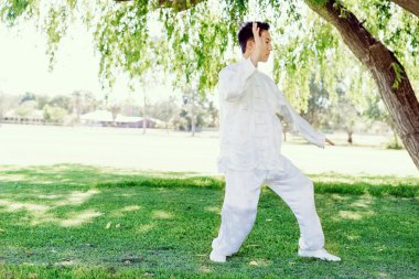 Yakışıklı adam Thai Chi yapıyor.