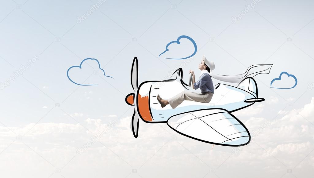 Woman in drawn airplane