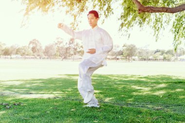 Yakışıklı adam Thai Chi yapıyor.
