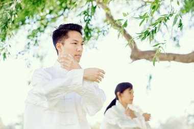 Yakışıklı adam Thai Chi yapıyor.