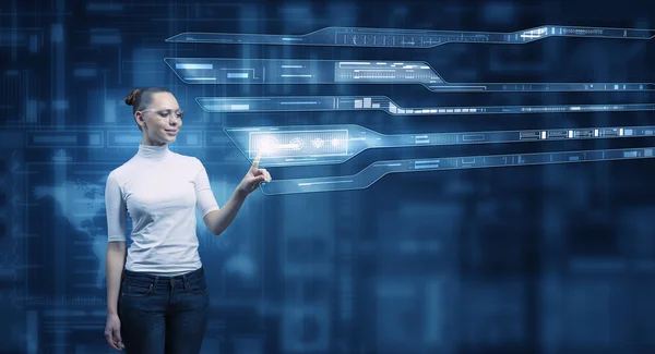 Girl working with virtual screen — Stock Photo, Image