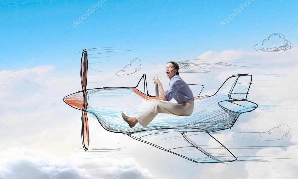 Woman in drawn airplane