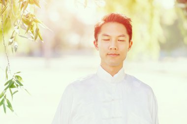 Yakışıklı adam Thai Chi yapıyor.