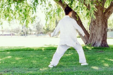 Yakışıklı adam Thai Chi yapıyor.