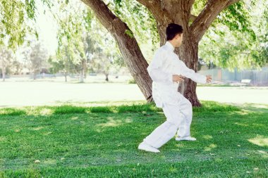 Yakışıklı adam Thai Chi yapıyor.