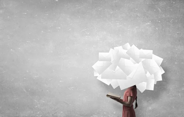 Cloud headed woman read book — Stock Photo, Image