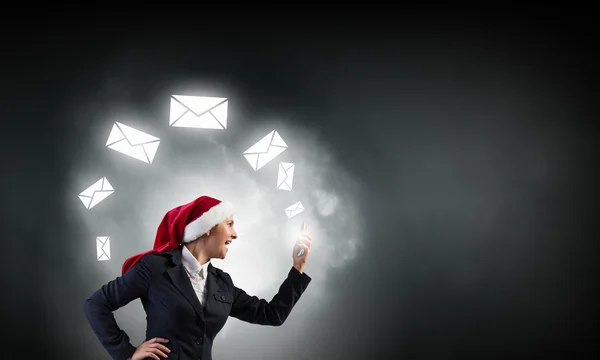 Santa woman having mobile dialogue — Stock Photo, Image