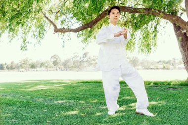 Yakışıklı adam Thai Chi yapıyor.