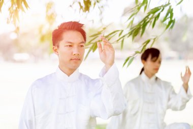 Yakışıklı adam Thai Chi yapıyor.