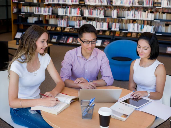 Groep van jonge studenten in de bibliotheek — Stockfoto