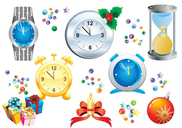 Clock Christmas Decorations White Background — Stock Vector