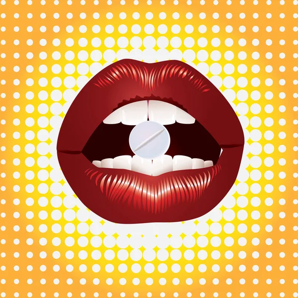 Weibliche Lippen Und Tablette Auf Gelbem Hintergrund Mit Kreisen — Stockvektor