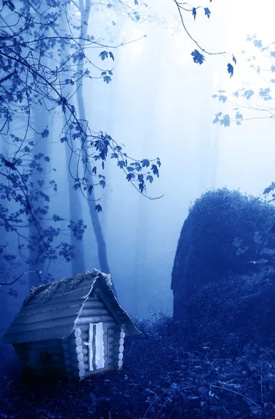 Wooden house and mysterious landscape of foggy forest — Stock Photo, Image