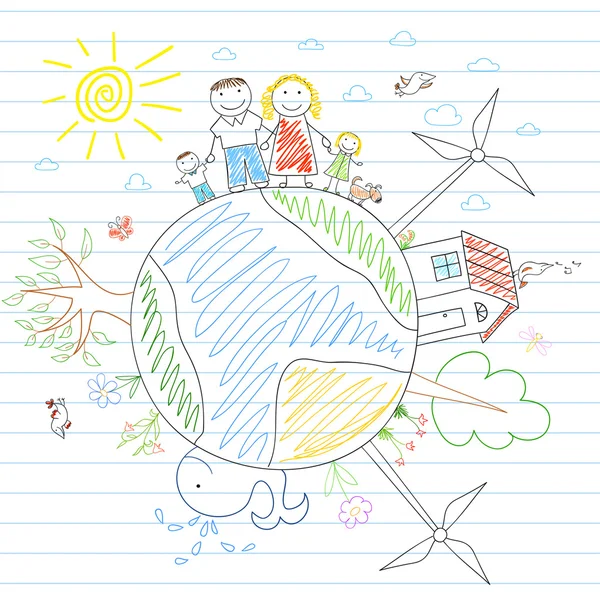 Famille heureuse - maman, papa et deux enfants sur Terre — Image vectorielle