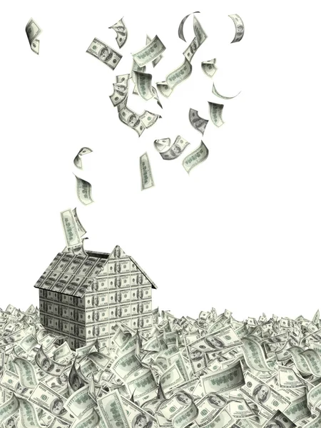 House from dollars banknotes and many flying dollar banknotes — Stock Photo, Image