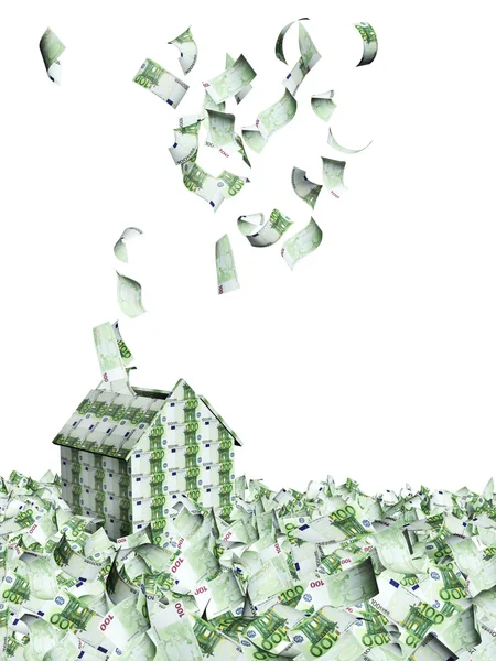 House from euro banknotes and many flying euro banknotes — Stock Photo, Image