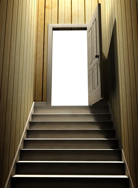 Karanlık bodrumdan kapıyı açmak için önde gelen adımları — Stok fotoğraf