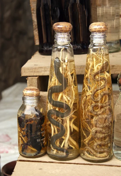 Garrafas com álcool com cobras e escorpiões, Laos — Fotografia de Stock