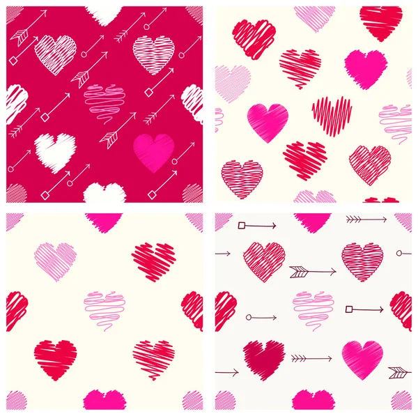 Samling av sömlösa valentine mönster med hjärtan och pilar — Stock vektor