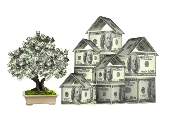 Drie huizen van dollar biljetten en geld boom — Stockfoto