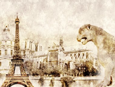Grunge background with paper texture and landmarks of Paris clipart