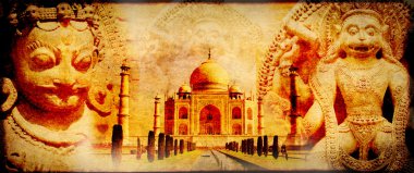 Grunge background with paper texture and landmarks of India  clipart
