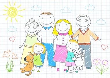 Happy family - mother, father, son, daughter, grandmother, grand clipart
