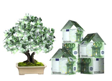 Euro banknot ve para ağacından üç ev