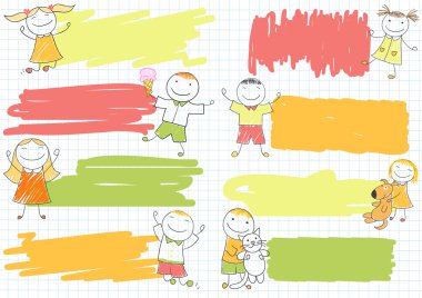 Set of scribble banners with happy boys and girls clipart