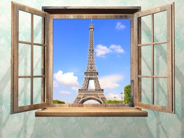 Ahşap pencere ve görünümü üzerinde Eyfel Kulesi, Paris açıldı