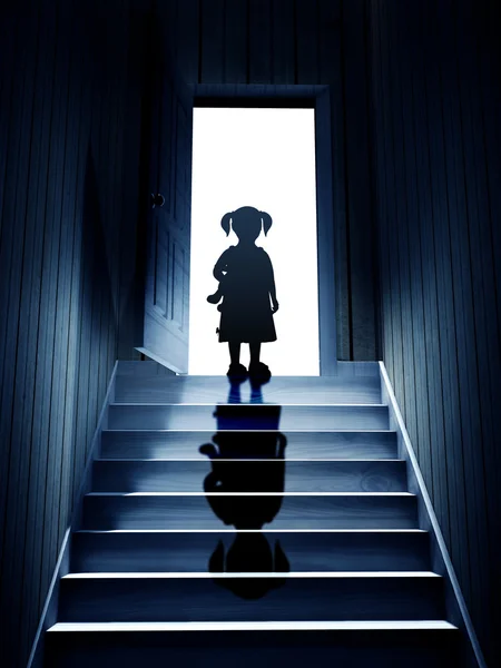 Little girl on steps leading from a dark basement to open the do — Stock Photo, Image