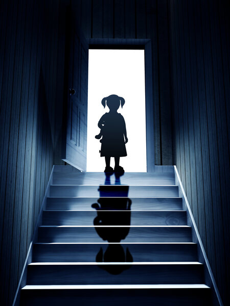 Little girl on steps leading from a dark basement to open the do