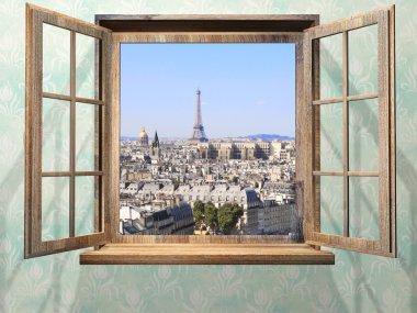 Ahşap pencere ve görünümü üzerinde Eyfel Kulesi, Paris açıldı