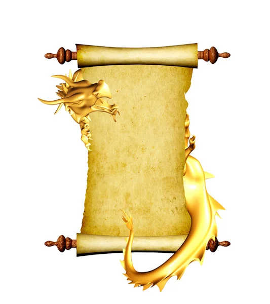 Dragon and scroll of old parchment — Stock Photo, Image