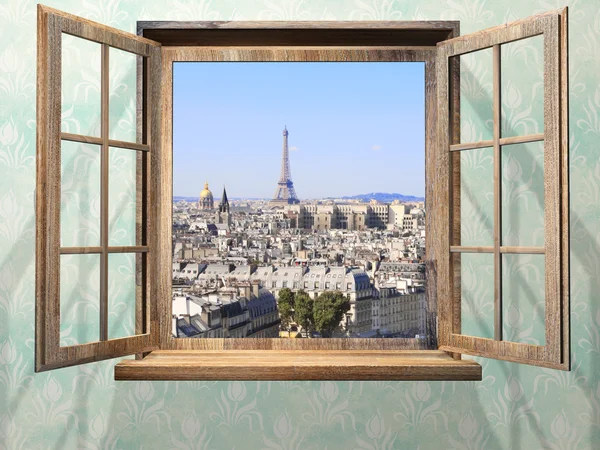 Fenêtre en bois ouverte et vue sur la tour Eiffel, Paris — Photo