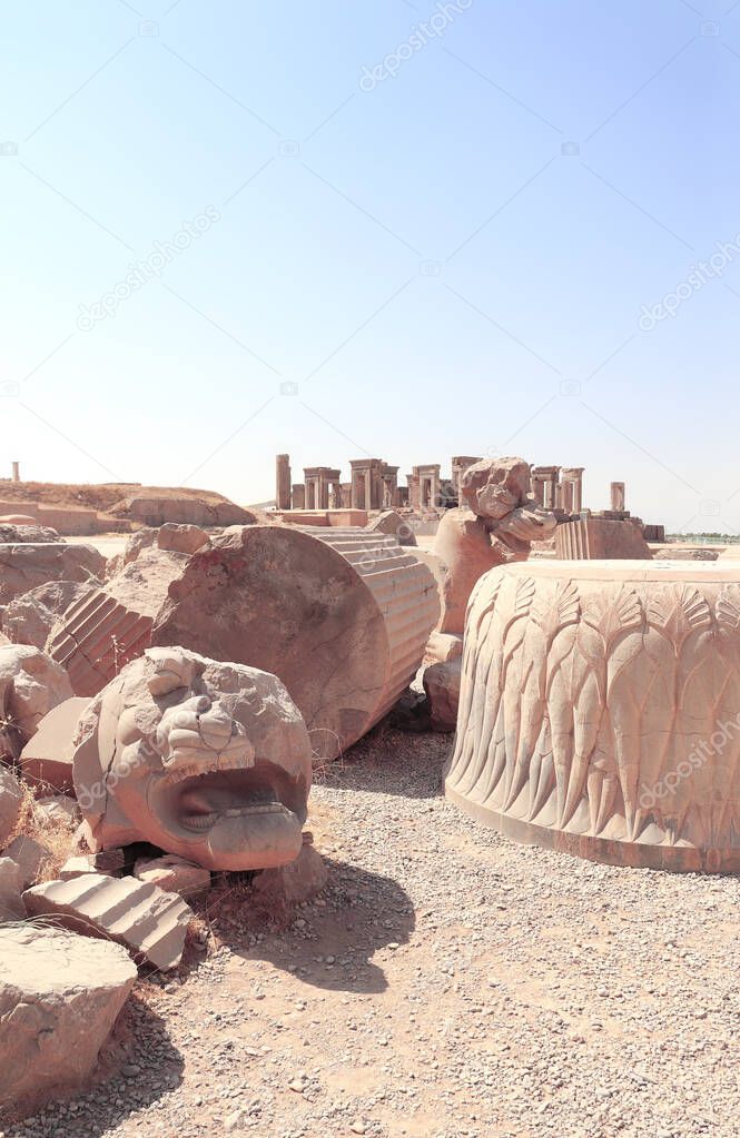 Ruins of columns and lion statues, Apadana Palace built by Darius the Great, Persepolis,  Iran. UNESCO world heritage site